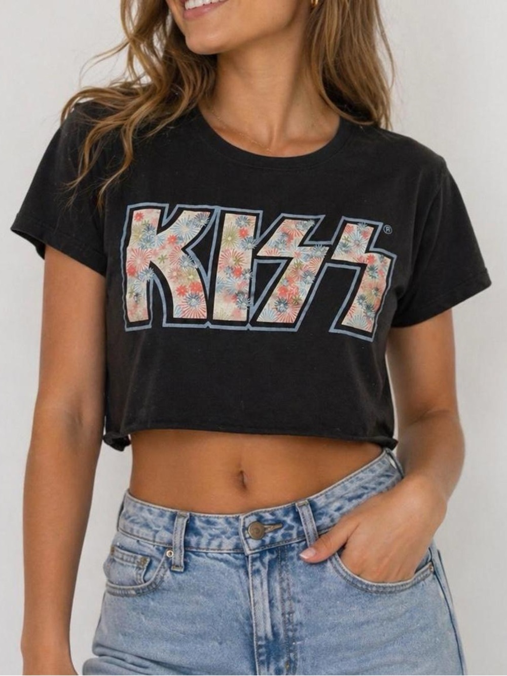 Classic Rock Band “Kiss” black floral hand cropped tee, size XL.
